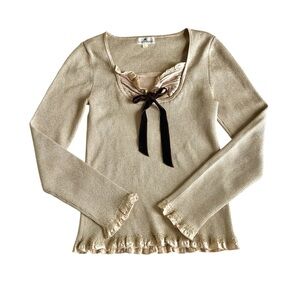 Elegant Courreges Beige Ruffle Long Sleeve Top with Brown Velvet Bow Detail
